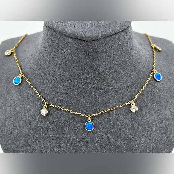 18K Gold Plated over 925 Sterling Silver Blue Opal Necklace - Picture 2 of 8
